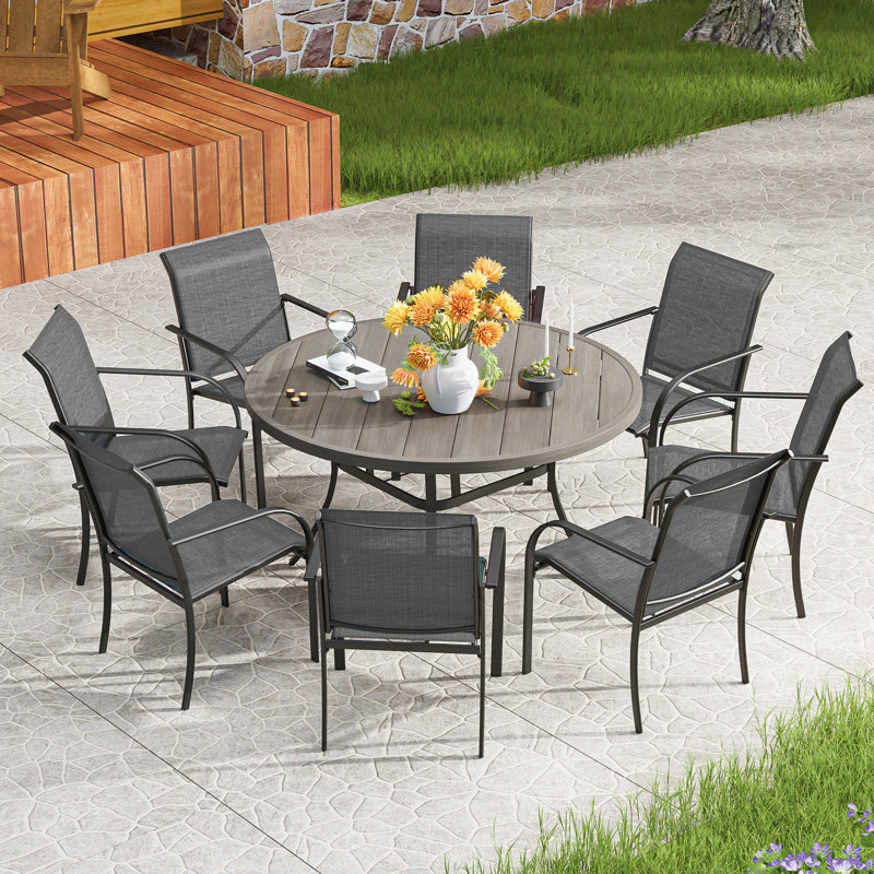 Round Patio Dining Set for 8 Round Table with Umbrella Hole 8 Stackable Chairs Blue